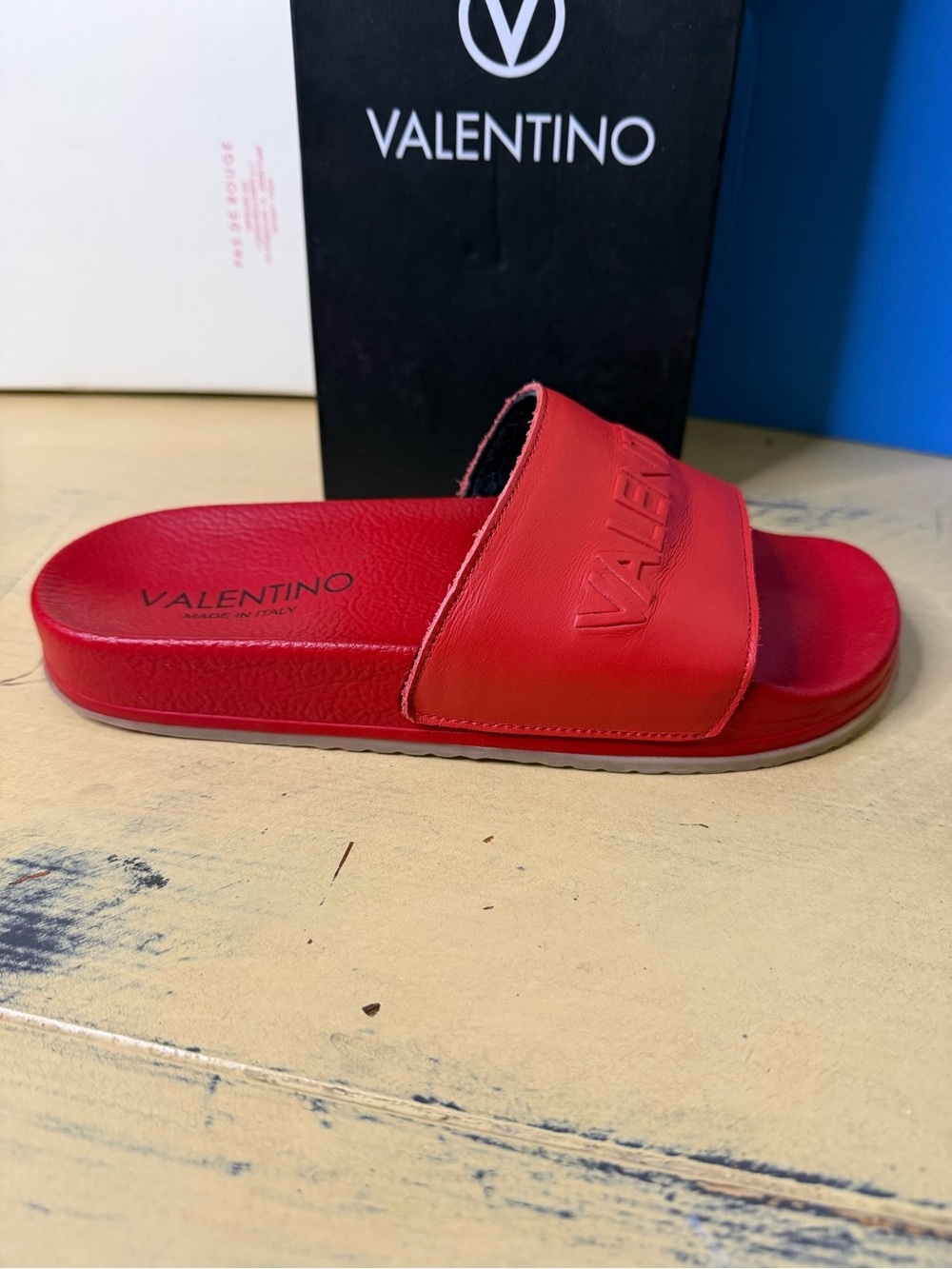Valentino Red Embossed Logo Slide Sandals - Picture 4 of 9